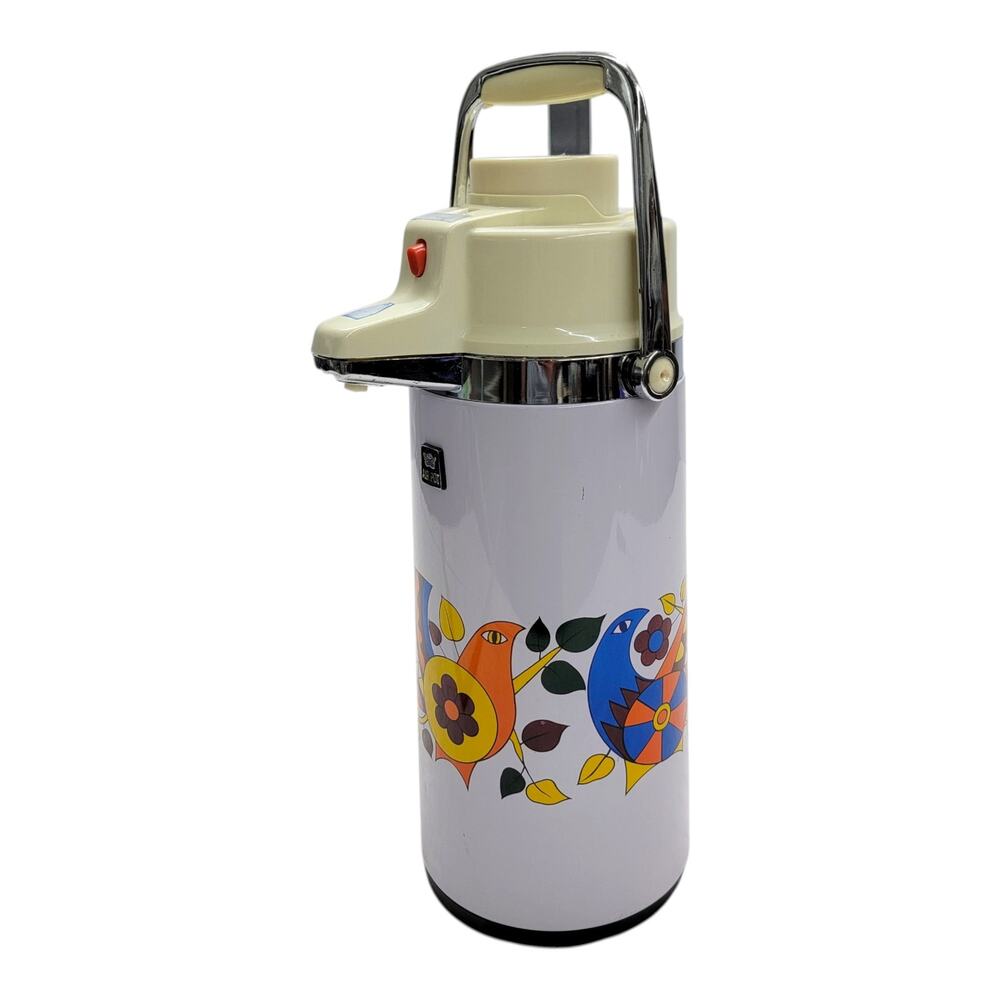 Vintage Air Pot Bird Floral Thermal Coffee Carafe Pump Dispenser Retro 70s MCM